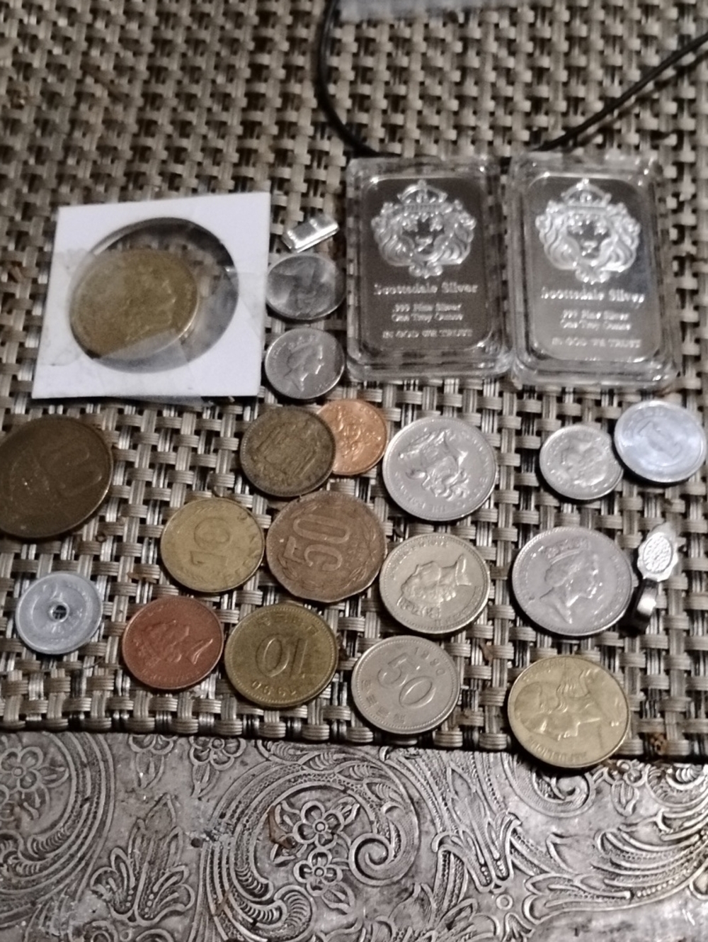 Mixed World Coins and Silver Billion Bars Collector Lot - Gold & Silver Tones